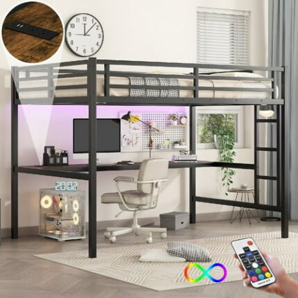 Full XL Size Loft Bed with Power Outlet and LED Lighted Heavy Duty Bed Frame with Desk Metal Bedframe with Ladder and Guardrails Space-Saving Noise Reduced Loft Bed Frame for Bedroom Black