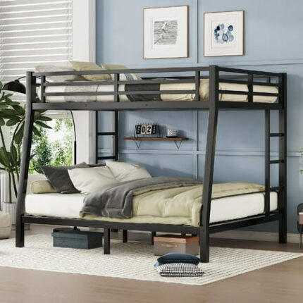 Full XL over Queen Bunk Bed Frame Metal Bunk Beds Frame with 2 Safety Side Ladder and Full Length Guardrail Heavy Buty Bunk Bedframe Space-Saving Noise-Free for Teens and Adults Black