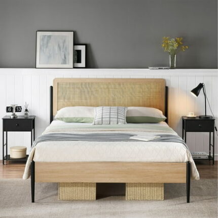 HOSSLLY Queen Bed Frame with Rattan Headboard and Wooden Footboard No Box Spring Needed Metal-Wood Platform Bedframe Size White Oak 12.6 Inch High