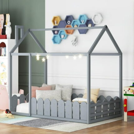 House Bed Twin Size Wood House Bed with Roof and Fence-Shaped Guardrail Twin Size Floor Bed Frame Wood Platform Bedframe with Chimny Design Single Bed for Children Teenagers Girls and Boys Gray