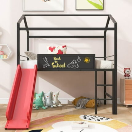 House Loft Bed with Slide Twin Size Metal Bedframe with Two-Sided Writable Wood Board Kids Loft Bed Frame with Built-in Ladder and Underbed Space Multifunctional Loft Bed for Bedroom Dorm Black & Red