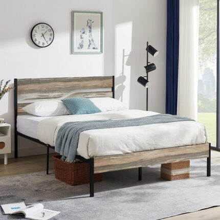 Industrial Metal Bed Frame with Wood Headboard Twin/Full/Queen Bed Platform Metal Bedframe No Box Spring Needed Slate Full