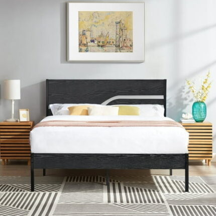 Javlergo Metal Platform Bed Frame with Wooden Headboard and Footboard Industrial Metal Bedframe No Box Spring Needed Black Queen