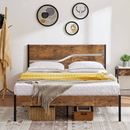 Javlergo Metal Platform Bed Frame with Wooden Headboard and Footboard Industrial Metal Bedframe No Box Spring Needed Brown Full