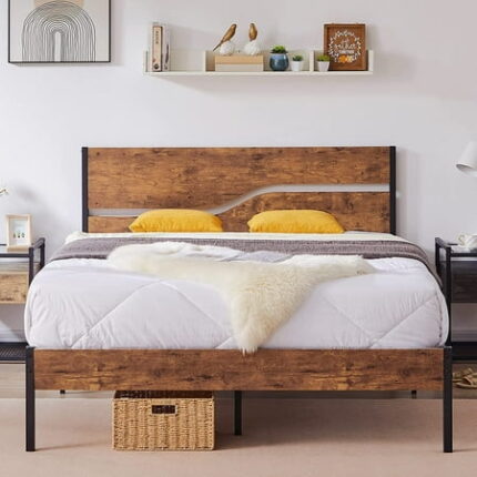 Javlergo Metal Platform Bed Frame with Wooden Headboard and Footboard Industrial Metal Bedframe No Box Spring Needed Brown Queen