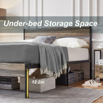 Javlergo Metal Platform Bed Frame with Wooden Headboard and Footboard Industrial Metal Bedframe No Box Spring Needed Slate Queen