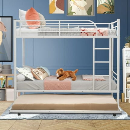 KOFUN Metal Bunk Bed With Trundle Bunk Bed Twin over Twin for Kids Heavy Duty Bed Frame with Removable Ladder and Safety Rail Toddlers Bunk Bed for Small Spaces Can be Divided into 2 Bedframe