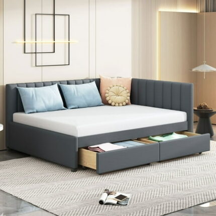 Linen Fabric Full Size Upholstered Bed Frame with 2 Storage Drawers Sofa Bed Platform Bed Frame Mid Century Bedframe Wood Daybed Wood Foundation(Gray Full)