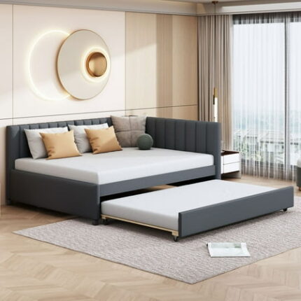 Linen Fabric Full Size Upholstered Bed Frame with Trundle Sofa Bed Platform Bed Frame Mid Century Bedframe Wood Daybed Wood Foundation(Gray Full)