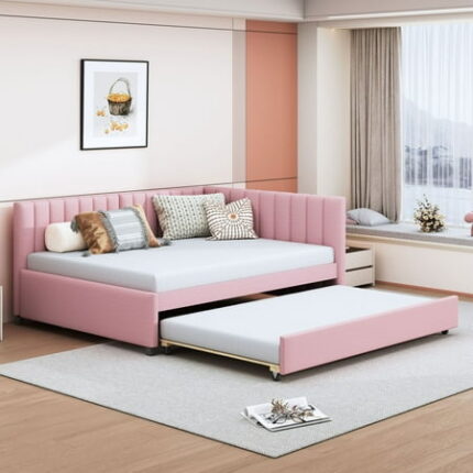 Linen Fabric Full Size Upholstered Bed Frame with Trundle Sofa Bed Platform Bed Frame Mid Century Bedframe Wood Daybed Wood Foundation(Pink Full)