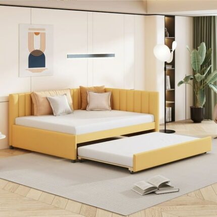 Linen Fabric Full Size Upholstered Bed Frame with Trundle Sofa Bed Platform Bed Frame Mid Century Bedframe Wood Daybed Wood Foundation(Yellow Full)