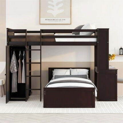 Loft Bed Twin Size Wood Loft Bed Frame with a Stand-Alone Bedframe Shelves Desk and Wardrobe for Kids Teens Girls and Boys Save Space Bunk Bed 2 Beds in 1 Multifunctional Bed Frame Espresso