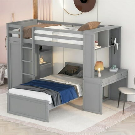 Loft Bed Twin Size Wood Loft Bed Frame with a Stand-Alone Bedframe Shelves Desk and Wardrobe for Kids Teens Girls and Boys Save Space Bunk Bed 2 Beds in 1 Multifunctional Bed Frame Gray