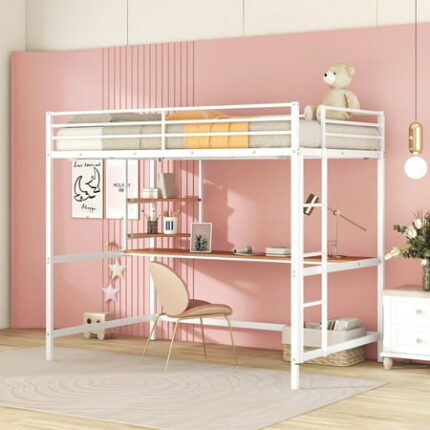 Metal Full Loft Bed Sturdy Metal Loft Bed Frame with Desk and Shelve for Kids Teens Metal Structure Bedframe with Safety Guardrail and Ladder for Bedroom Dorm Easy Assembly White