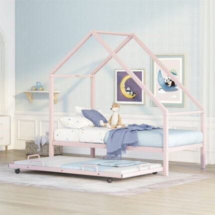 Metal House Bed with Trundle Twin Size Metal Platform Bed Frame Industrial Tent Bedframe with Roof Heavy-Duty Daybed with Twin Trundle for Kids Boys Girls House-Shape Bed Frame Can Be Decorated Pink