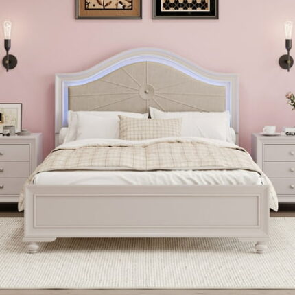 Modern Full Size Bed Platform Bedframe with Hidden LED Light Upholstered Curved Headboard Wooden Bed Frame for Bedroom No Box Spring Needed Cream Grey