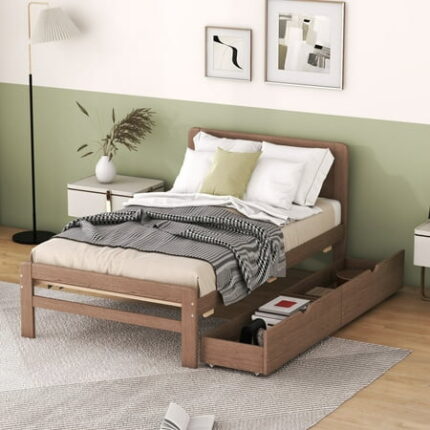 Modern Twin Size Bed Frame with 2 Storage Drawers Wooden Platform Bedframe with Headboard with Strong Slat Support No Box Spring Needed Walnut