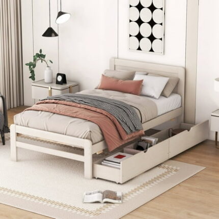 Modern Twin Size Bed Frame with 2 Storage Drawers Wooden Platform Bedframe with Headboard with Strong Slat Support No Box Spring Needed White Washed