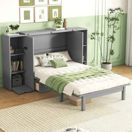 Multi-function Queen Size Solid Wood Bed Frame Murphy Bed Wall Bed with Shelves Drawers and USB Ports Platform Bed Frame Mid Century Bedframe Wood Foundation(Gray Queen)