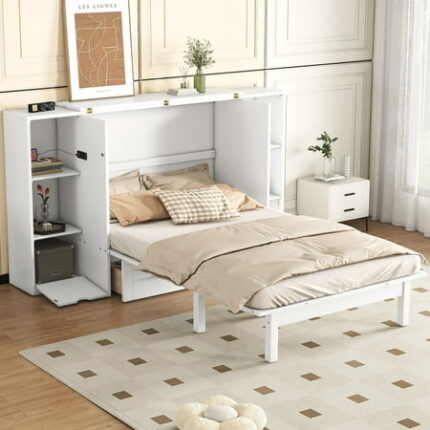 Multi-function Queen Size Solid Wood Bed Frame Murphy Bed Wall Bed with Shelves Drawers and USB Ports Platform Bed Frame Mid Century Bedframe Wood Foundation(White Queen)