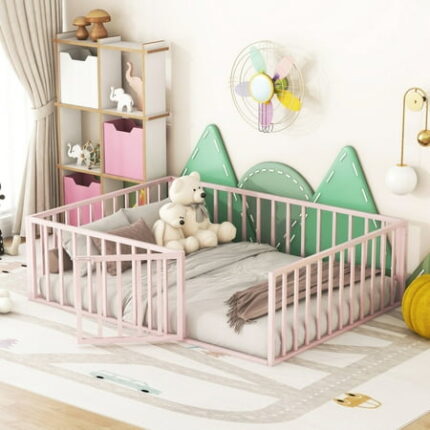Multifunctional Full Size Floor Bed Montessori Bedframe with Fence and Door Metal Floor Bed Frame Bedroom Furniture for Kids Toddlers Boys Girls No Box Spring Needed Pink