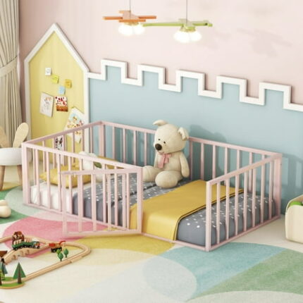 Multifunctional Twin Size Floor Bed Montessori Bedframe with Fence and Door Metal Floor Bed Frame Bedroom Furniture for Kids Toddlers Boys Girls No Box Spring Needed Pink
