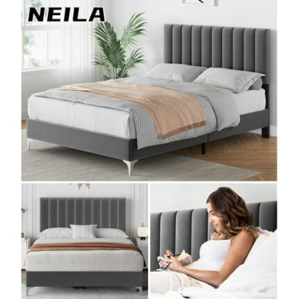 NEILA Full Size Bed Frame with Adjustable Headboard and Wooden Slats Support Gray Velvet Upholstered Platform Bedframe No Box Spring Needed Easy Assembly
