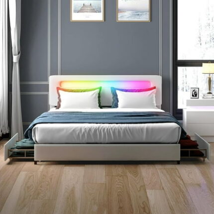 PUREMIND Platform King Size Bed Frame with 4 Storage Drawers Upholstered Bedframe with RGB LED Adjustable Headboard Smart Bed Compatible with Alexa No Box Spring Needed Easy Assembly (King/White)