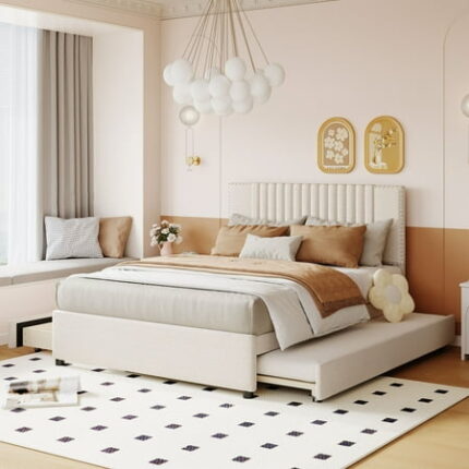 Platform Bed Frame Full Size with 2 Drawers 1 Twin Size Trundle and Headboard Linen Fabric Upholstered Storage Bed Solid Wood Platform Bedframe No Box Spring Needed Beige