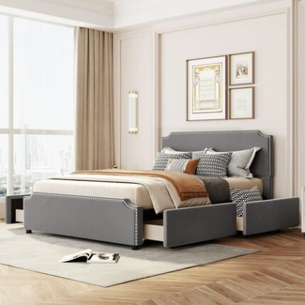 Platform Bed with Stud Trim Headboard and Footboard Queen Size Storage Bed with 4 Drawers Velvet Fabric Bedframe Upholstered Platform Bed Frame for Kids Boys Girls No Spring Box Needed Gray