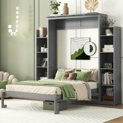 Practical Design Solid Wood Bed Frame Murphy Bed Wall Bed with Shelves and LED Lights Platform Bed Frame Mid Century Bedframe Wood Foundation(Gray Full)