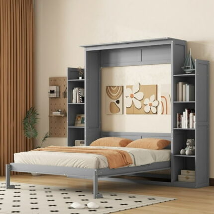 Practical Design Solid Wood Bed Frame Murphy Bed Wall Bed with Shelves and LED Lights Platform Bed Frame Mid Century Bedframe Wood Foundation(Gray Queen)