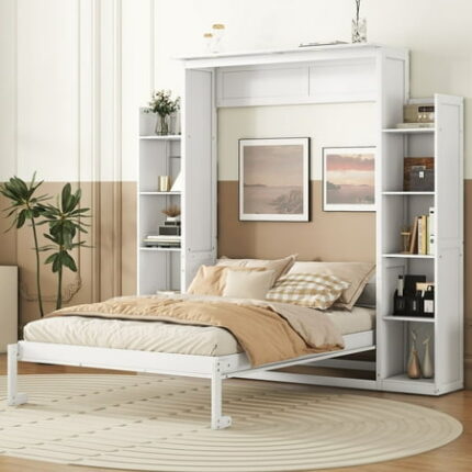 Practical Design Solid Wood Bed Frame Murphy Bed Wall Bed with Shelves and LED Lights Platform Bed Frame Mid Century Bedframe Wood Foundation(White Full)