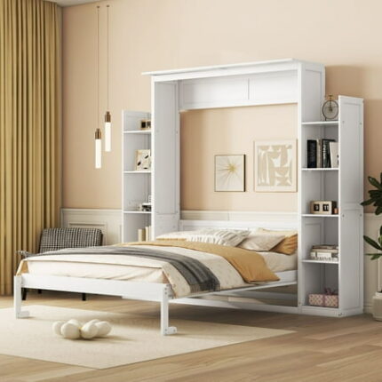 Practical Design Solid Wood Bed Frame Murphy Bed Wall Bed with Shelves and LED Lights Platform Bed Frame Mid Century Bedframe Wood Foundation(White Queen)
