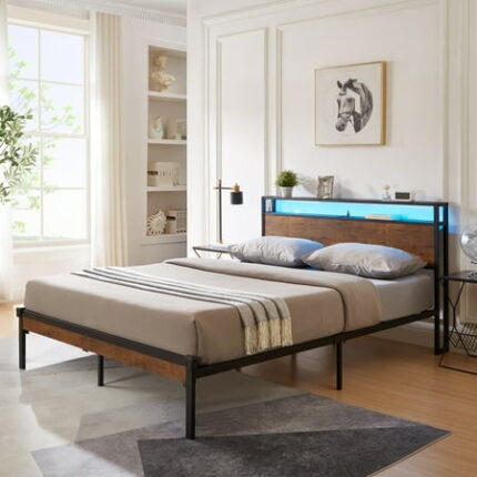 Queen Bed Frame Metal Platform Bed Frame with Wooden Headboard Footboard USB Port and LED Lights Multifunctional Bedframe for Bedroom No Box Spring Needed Black