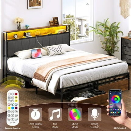 Queen Bed Frame Platform Bedframe with Charging Station and 2 Storage Drawers Upholstered Platform Bed Frame with Storage Led Lights Headboard Heavy Duty Slats For A Comfortable Sleeping Experience