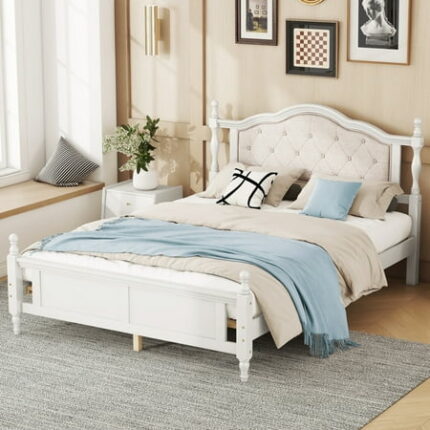 Queen Size Bed Frame Bedframe with Upholstered Headboard and Panel Footboard Slat Support with Two Bed Rail Support Feet and Central Platform Support Feet White