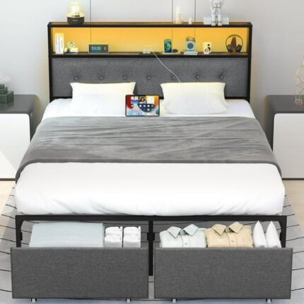 Queen Size Bed Frame Metal Platform Bed Frame Queen Size with Headboard Noise Free Bed Frames with Storage Drawers Bedframe with Charging Station LED Light Heavy Duty No Box Spring Needed