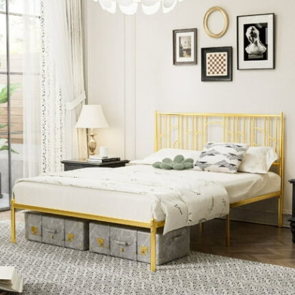 Queen Size Bed Frame Metal Steel Platform Bed Frame with Iron-art Headboard Sturdy Metal Frame Premium Steel Slat Suppot Metal Mattress Foundation Bedframe with Under Bed Storage Noise Free Gold