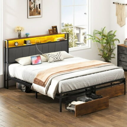 Queen Size Bed Frame Upholstered Platform Bed with Storage Drawers USB Ports LED Lights Upholstered Wingback Headboard Wood Platform Bedframe for Living Room Guest Room Antique Black