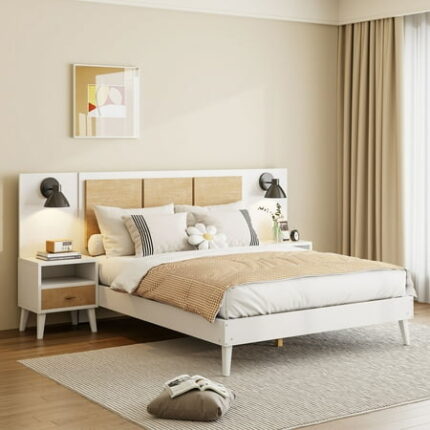 Queen Size Bed Frame with 2 Nightstands and 2 Lamps Wooden Queen Platform Bedframe with Rattan Headboard Platform Night Stand Bedroom Set White