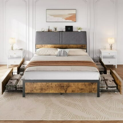 Queen Size Bed Frame with 4 Storage Drawers & Charging Station Platform Bedframe with Large Storage Headboard and Strong Metal Slats Support No Box Spring Needed Easy Assembly Brown