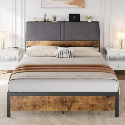 Queen Size Bed Frame with Upholstered Headboard & Charging Station Platform Bedframe with Large Storage Space and Strong Metal Slats Support No Box Spring Needed Easy Assembly