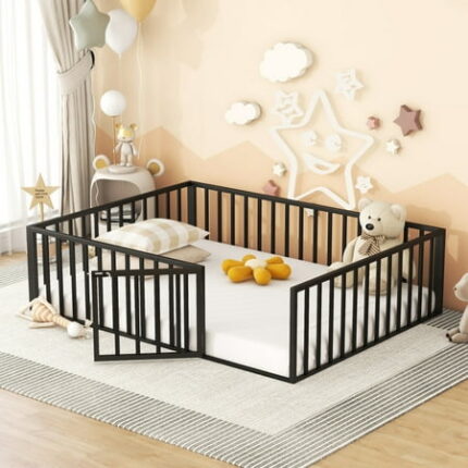 Queen Size Metal Floor Bed Montessori Bed Frame with Safety Guardrails and Door Metal Montessori Bedframe for Child Girls Boys No Box Spring Needed Black