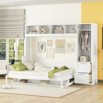 Queen Size Murphy Bed Wall Bed with Closet and Drawers Muti-Functional Beds Frame with Top Shelf Murphy Bedframe for Home Office White