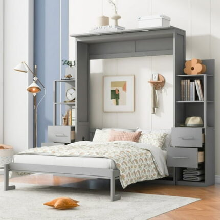 Queen Size Murphy Bed Wall Bed with Storage Shelves Foldable Platform Bedframe with LED Lights Queen Wall Bed Frame for Bedroom Guest Room Home Office