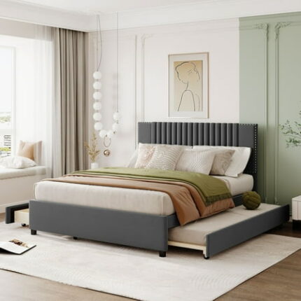 Queen Size Platform Bed with 2 Drawers and 1 Twin XL Trundle Linen Fabric Upholstered Bed Frame with Classic Headboard Design Heavy-Duty Wooden Platform Bedframe No Box Spring Needed Gray