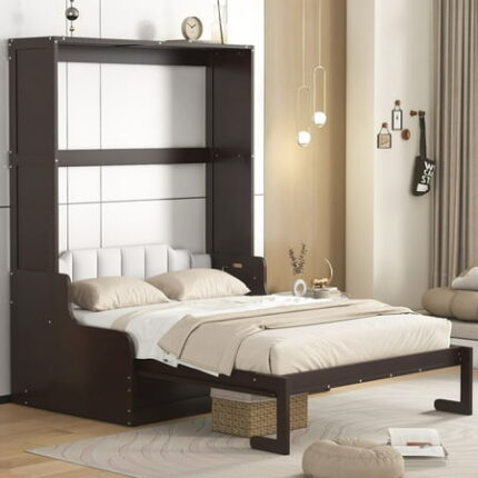 Queen Size Solid Wood Bed Frame Murphy Bed Wall Bed with Cushion Platform Bed Frame Mid Century Bedframe Wood Foundation(Espresso Queen)
