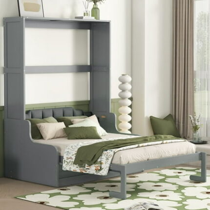 Queen Size Solid Wood Bed Frame Murphy Bed Wall Bed with Cushion Platform Bed Frame Mid Century Bedframe Wood Foundation(Gray Queen)
