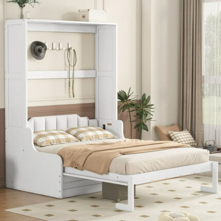 Queen Size Solid Wood Bed Frame Murphy Bed Wall Bed with Cushion Platform Bed Frame Mid Century Bedframe Wood Foundation(White Queen)